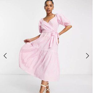 ASOS Puff Sleeve Tiered Midi Dress in Pink Gingham
